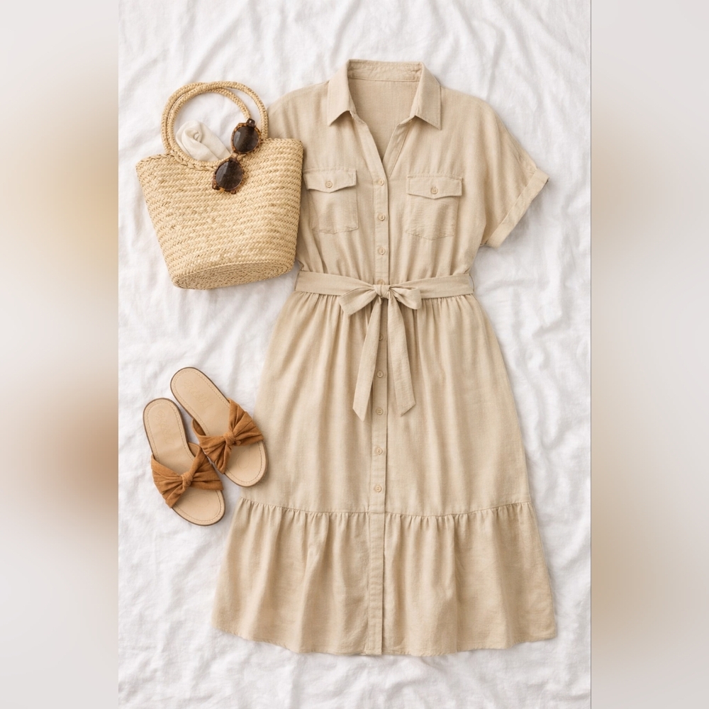 Lucky Brand 2X Midi Shirtdress Tie Waist Button Front Collared Casual Dress